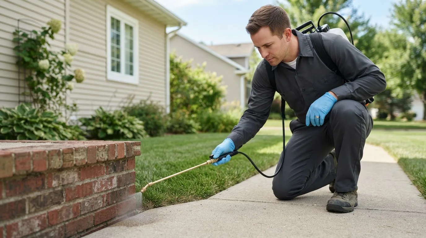 Pest control technician treating a home near Minot, ME